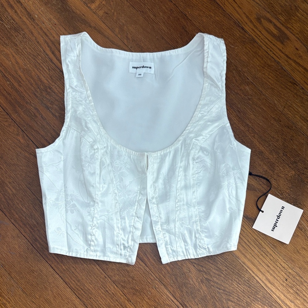 Superdown Ivory Floral Corset Style Satin Finish Top